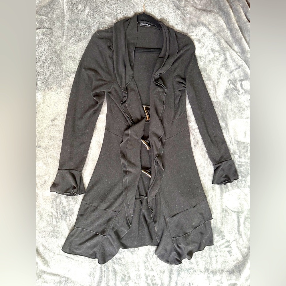 Earthbound Trading Company Long Black Boho Cardigan with Unique Ruffle Trim